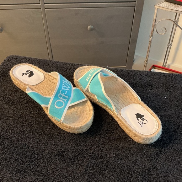 Off-White Shoes - Off-White Teal Crisscross Espadrille Slides